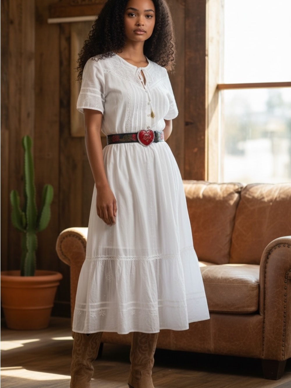 Western Boho Floral Embossed Leather Belt with Red Rose Heart Buckle